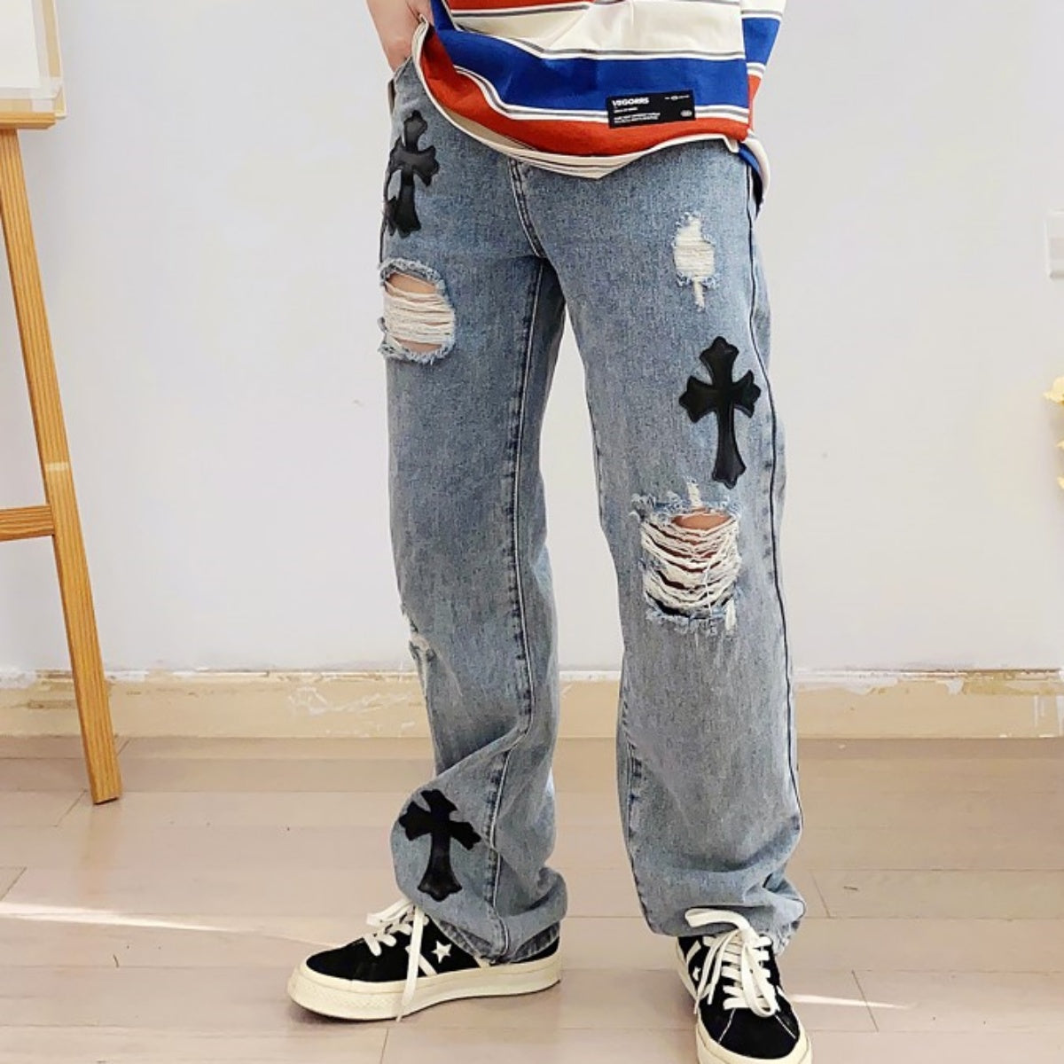 Jeans/クロスアップリケダメージジーンズ ST/No.23240