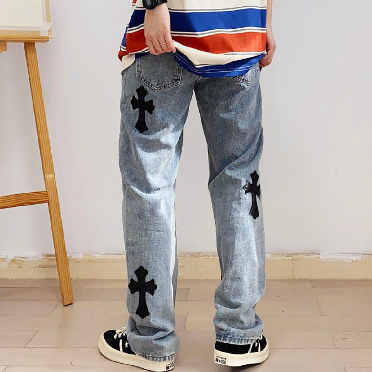 Jeans/クロスアップリケダメージジーンズ ST/No.23240