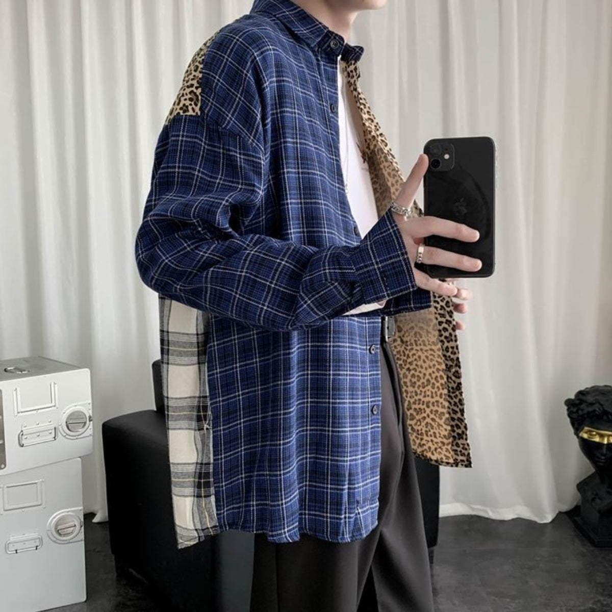 Shirts/ ヒョウ柄切り替えチェックシャツ ST/No.23152