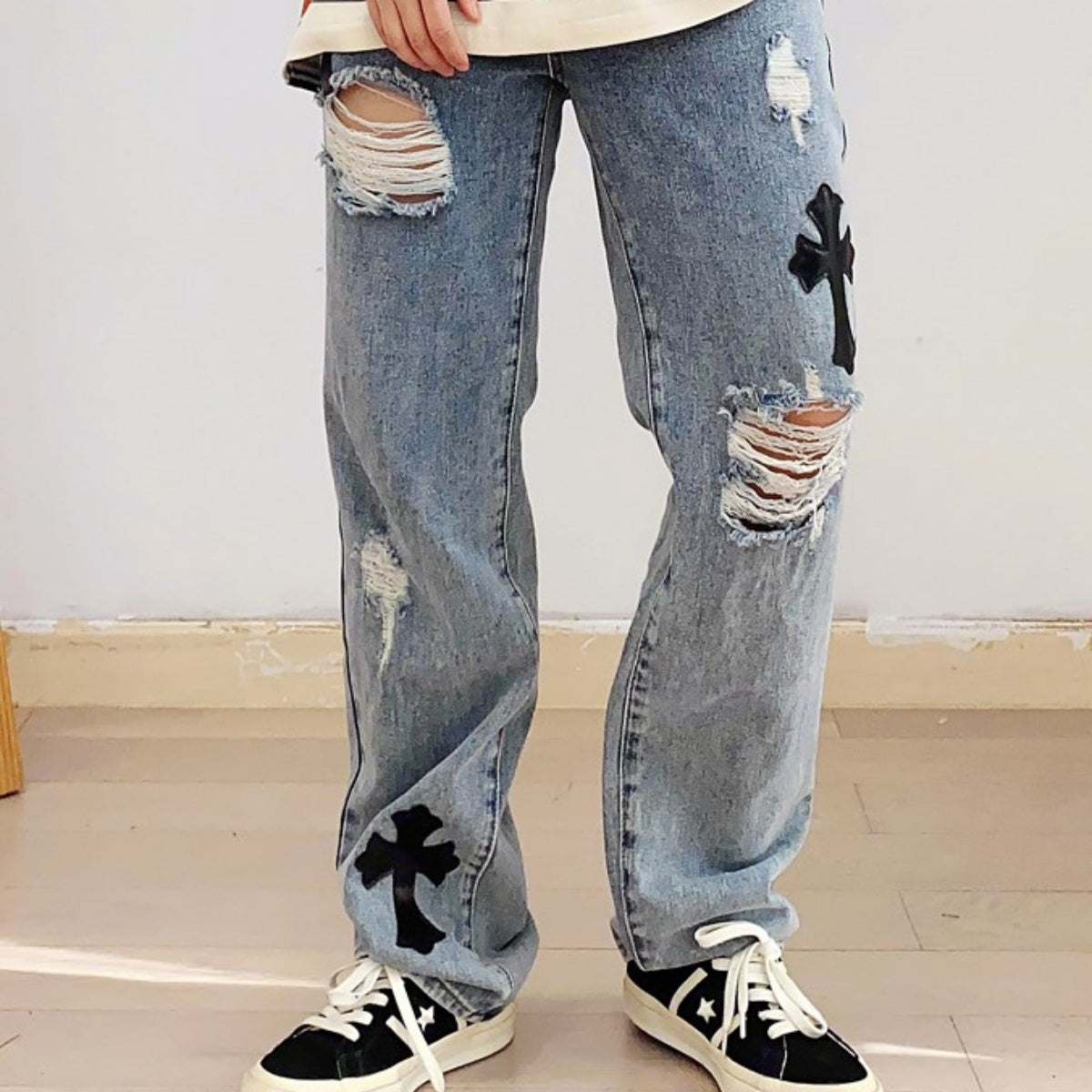 Jeans/クロスアップリケダメージジーンズ ST/No.23240