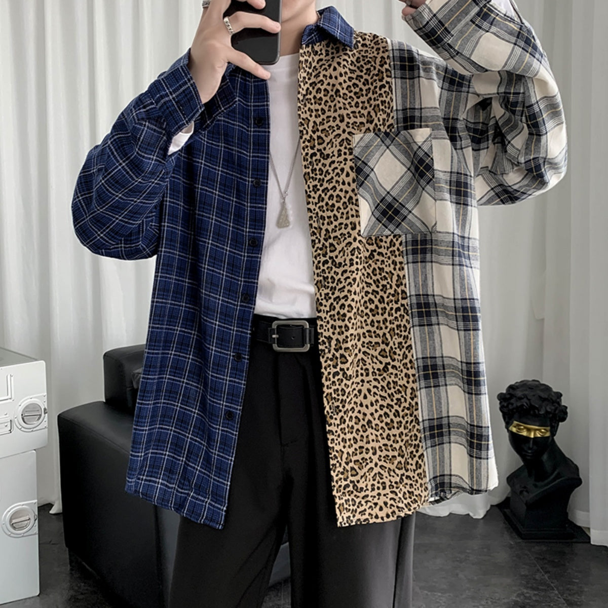 Shirts/ ヒョウ柄切り替えチェックシャツ ST/No.23152