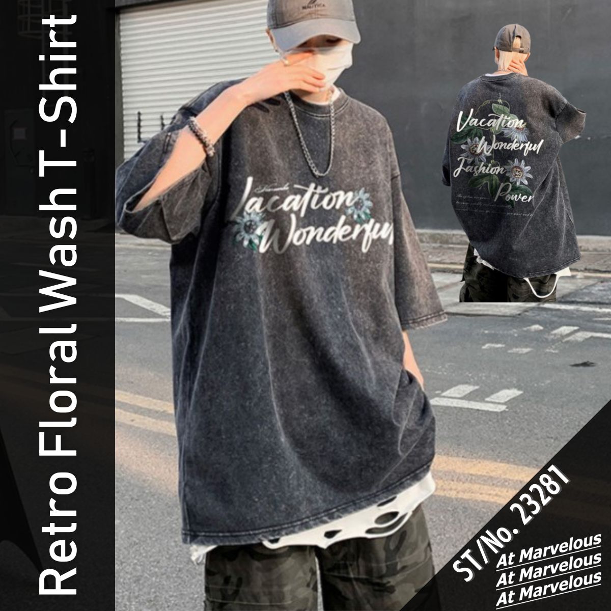 T-Shirts/レトロ花柄ウォッシュ加工Ｔシャツ ST/No.23281